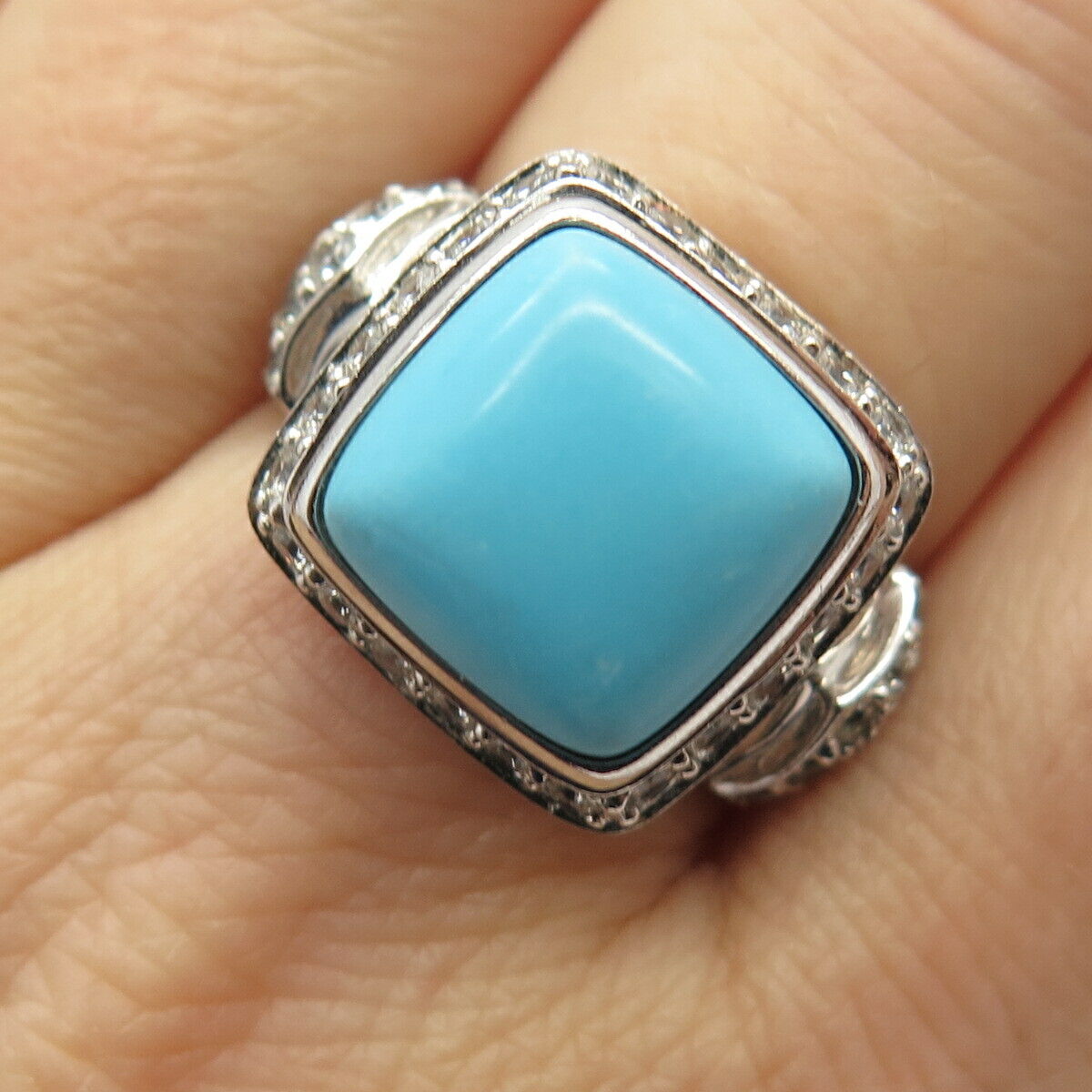 925 Sterling Silver Faux Turquoise & C Z Ring Size 8