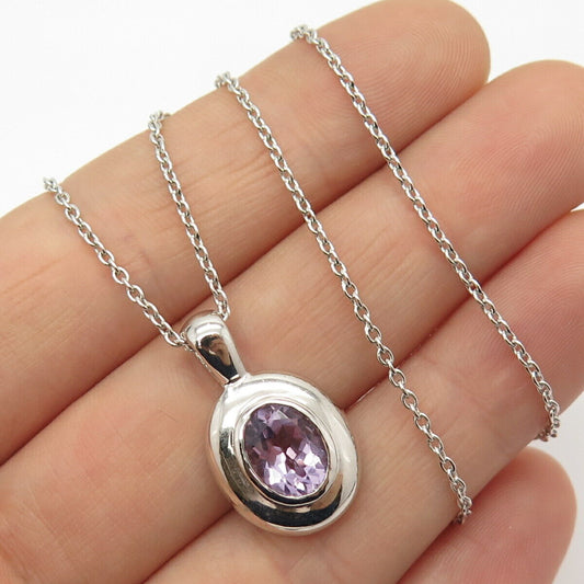 925 Sterling Silver Real Amethyst Gem Oval Pendant Cable Chain Necklace 15"