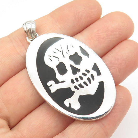 925 Sterling Silver Enamel Crossed Bones & Skull Pendant