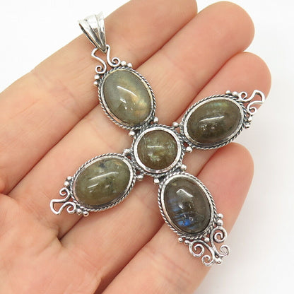 925 Sterling Silver Real Labradorite Gemstone Cross Pendant