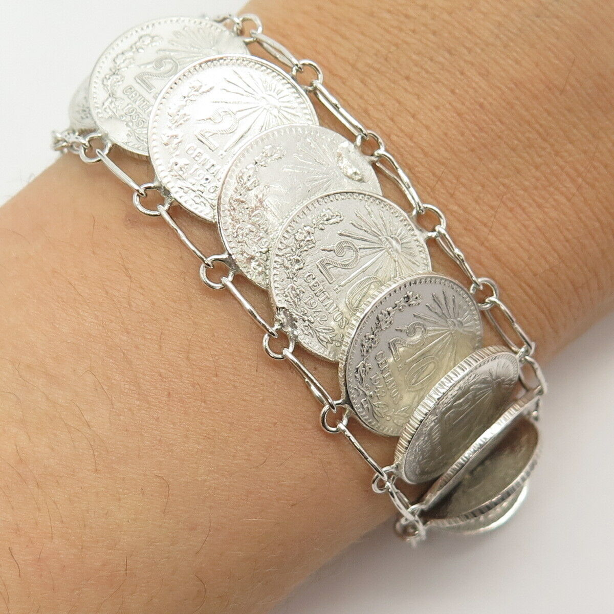 720 Silver Antique Mexico 1940s "20 Centavos" Link Bracelet 7"