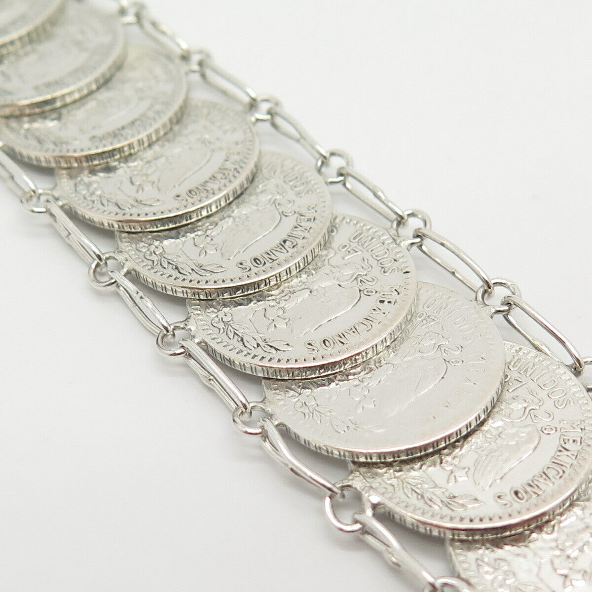 720 Silver Antique Mexico 1940s "20 Centavos" Link Bracelet 7"