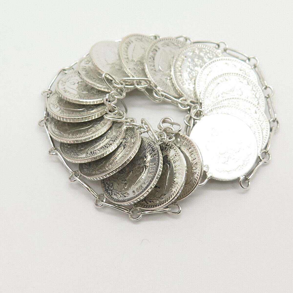 720 Silver Antique Mexico 1940s "20 Centavos" Link Bracelet 7"