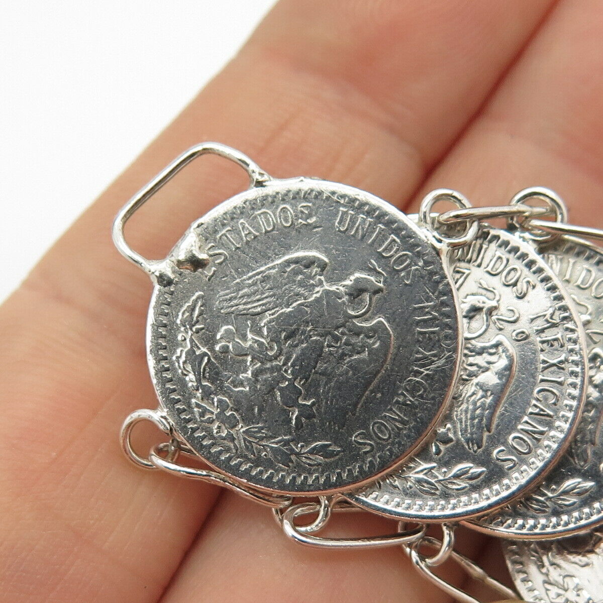 720 Silver Antique Mexico 1940s "20 Centavos" Link Bracelet 7"