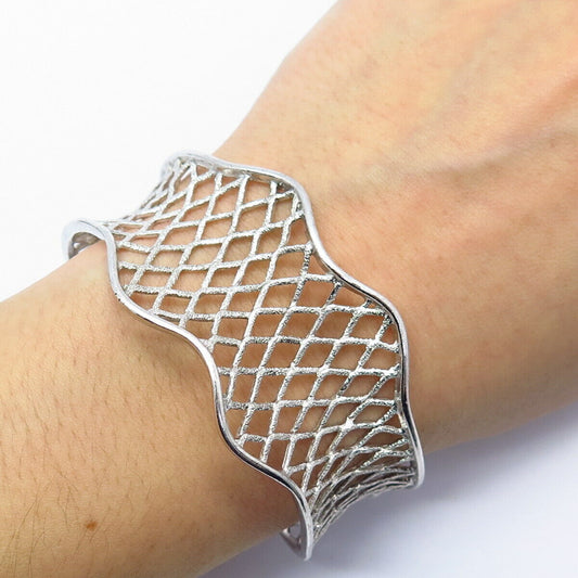 925 Sterling Silver Grid Design Wide Cuff Bracelet 6 3/4"