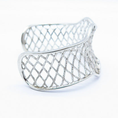 925 Sterling Silver Grid Design Wide Cuff Bracelet 6 3/4"