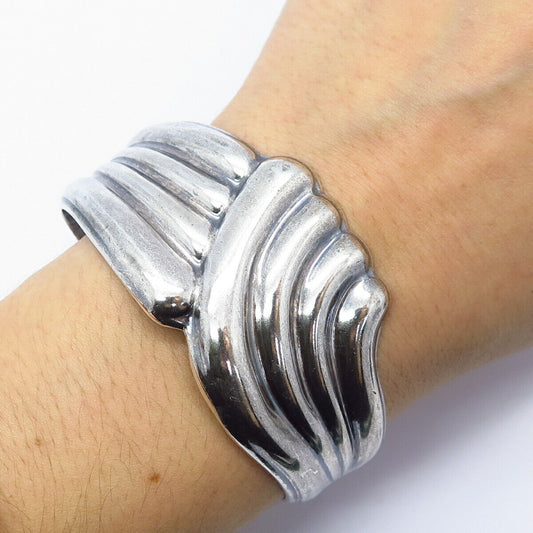 925 Sterling Silver Vintage Mexico Puffy Ribbed Design Wide Cuff Bracelet 6.5"