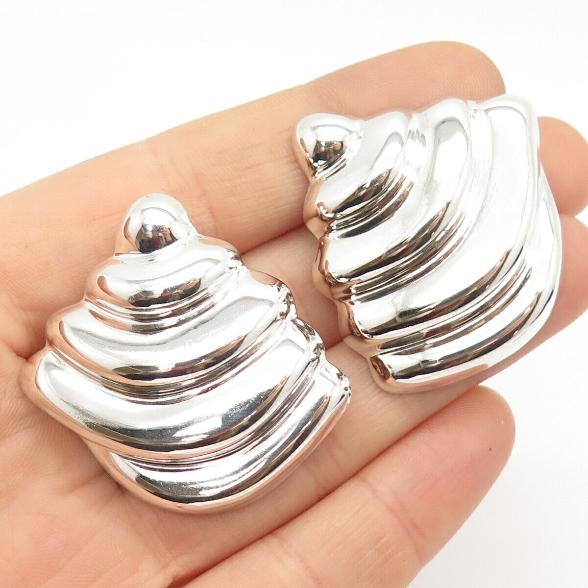 925 Sterling Silver Vintage Mexico Ribbed Large Hollow Clip On Earrings