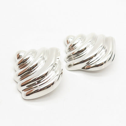 925 Sterling Silver Vintage Mexico Ribbed Large Hollow Clip On Earrings