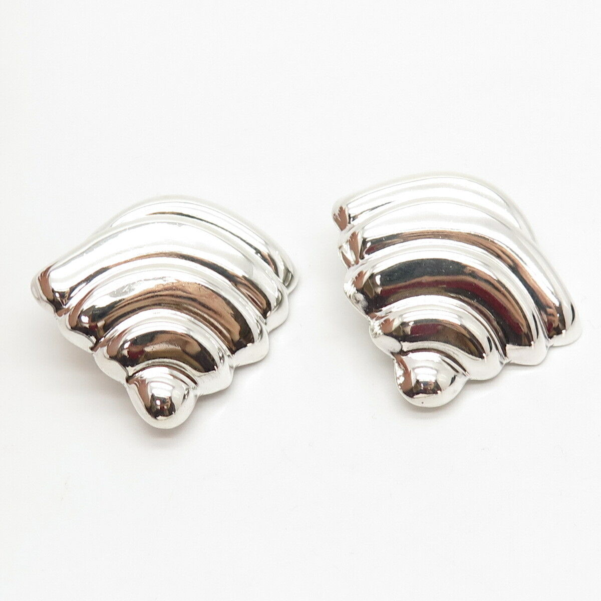 925 Sterling Silver Vintage Mexico Ribbed Large Hollow Clip On Earrings