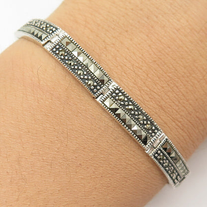 925 Sterling Silver Real Marcasite Gem Panel Link Bracelet 6 3/4"