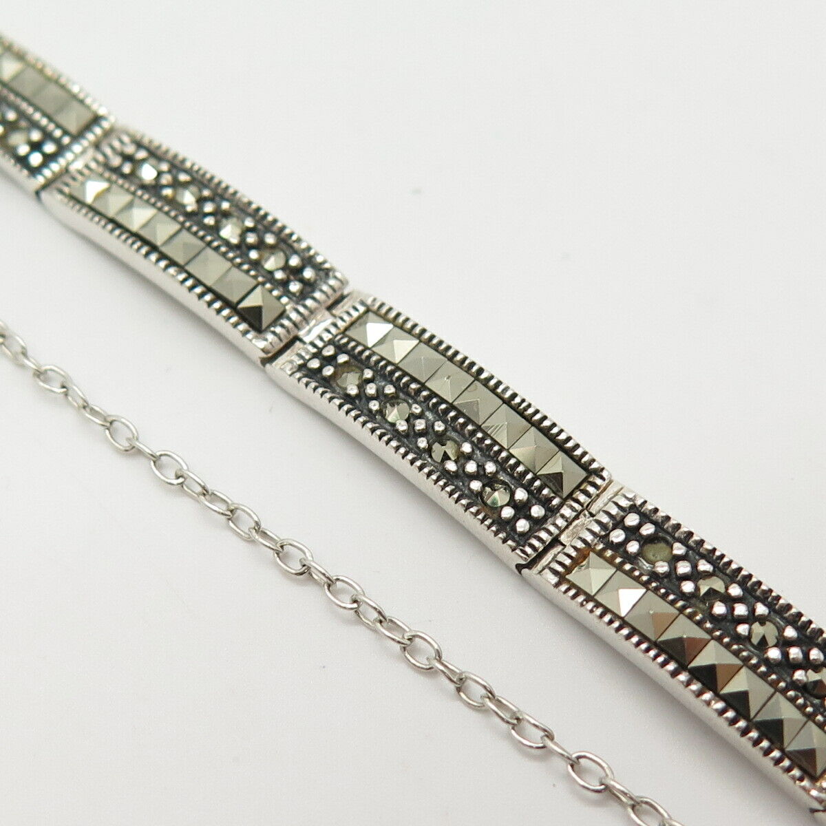 925 Sterling Silver Real Marcasite Gem Panel Link Bracelet 6 3/4"