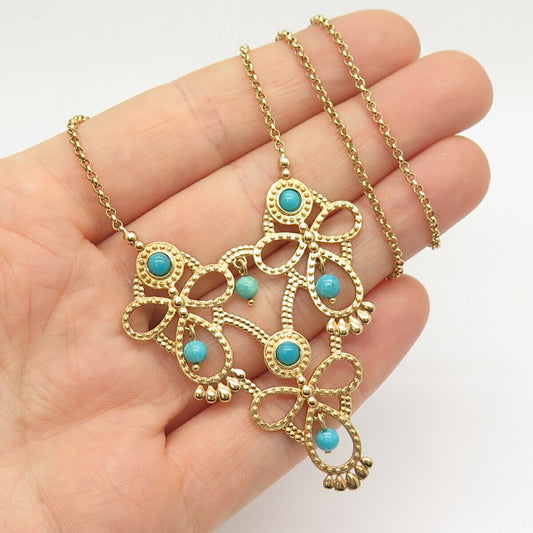 925 Sterling Gold Plated Real Turquoise Gem Bow Ethnic Design Chain Necklace 17"