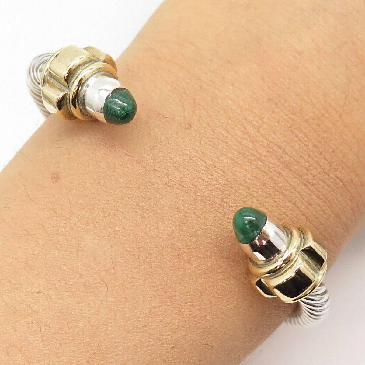 925 Sterling Silver 2-Tone Vintage Mexico Malachite Gem Twisted Cuff Bracelet 7"