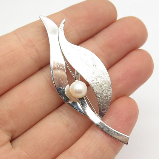 925 Sterling Silver Vintage Van Dell Real Pearl Leaf Pin Brooch