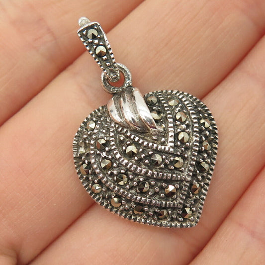 925 Sterling Silver Real Marcasite Gemstone Heart Pendant