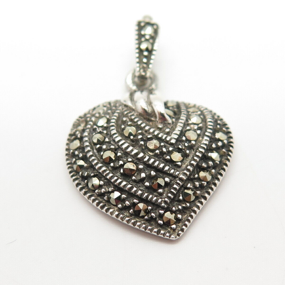 925 Sterling Silver Real Marcasite Gemstone Heart Pendant