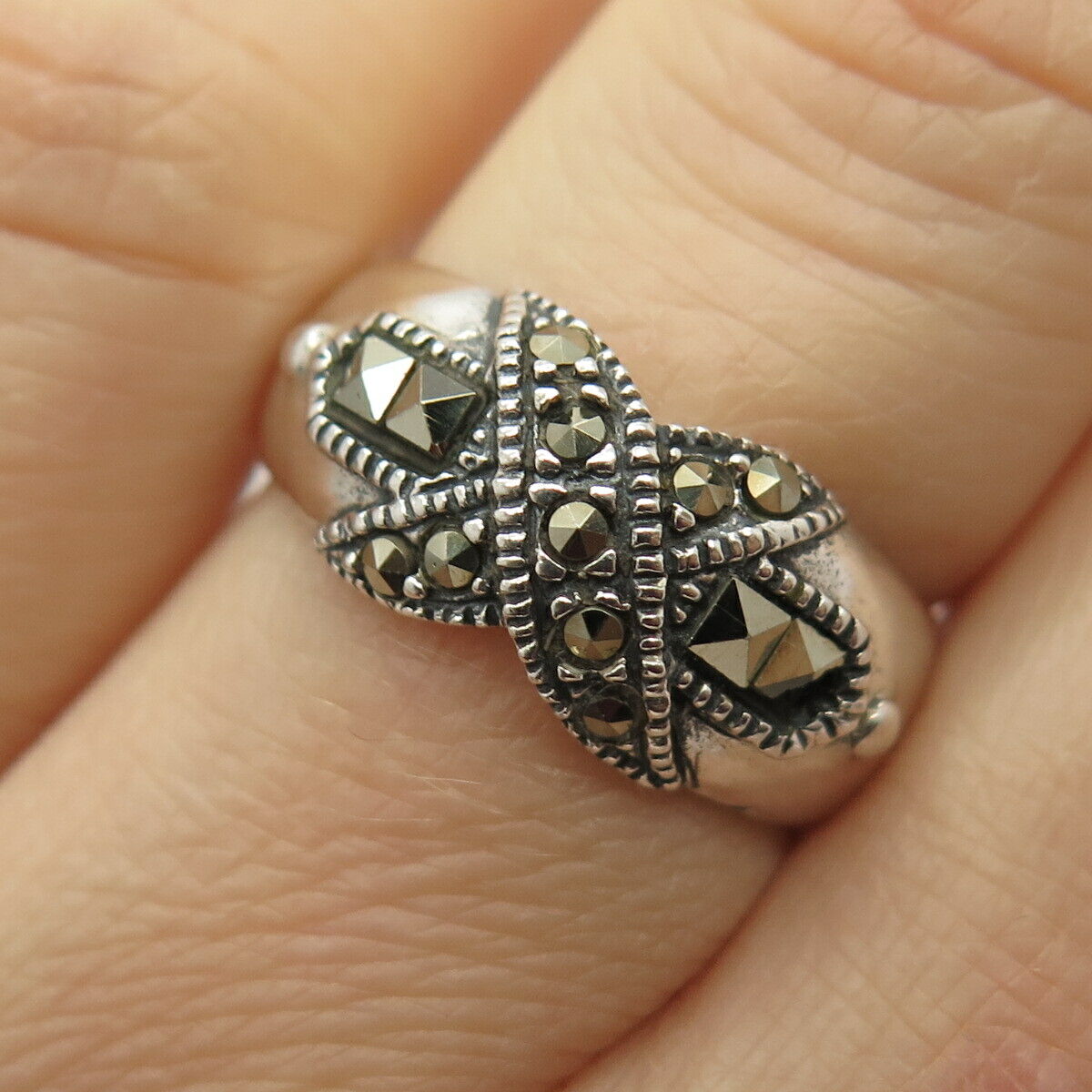 925 Sterling Silver Real Marcasite Gem Crossover Ring Size 7