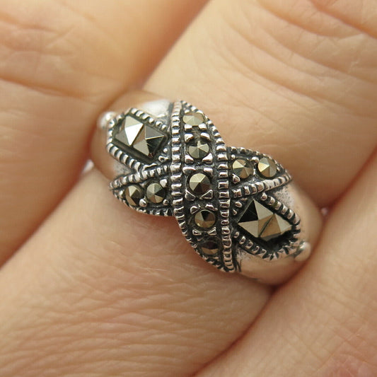 925 Sterling Silver Real Marcasite Gem Crossover Ring Size 7