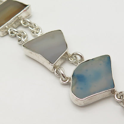 925 Sterling Silver Real Multi-Color Agate Gemstone Link Bracelet 7 1/4"