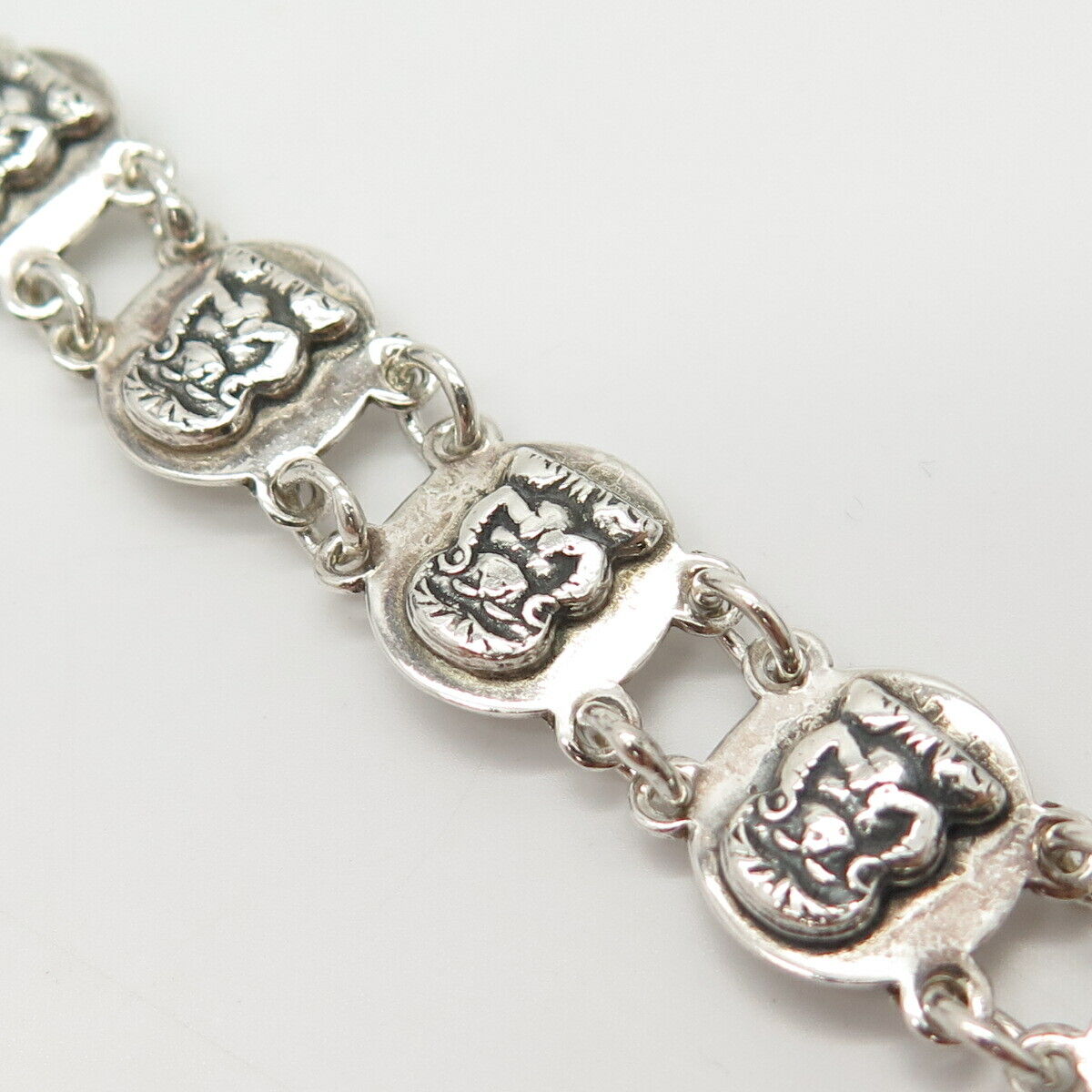 900 Silver Antique Tribal Monkey Panel Link Bracelet 6 3/4"