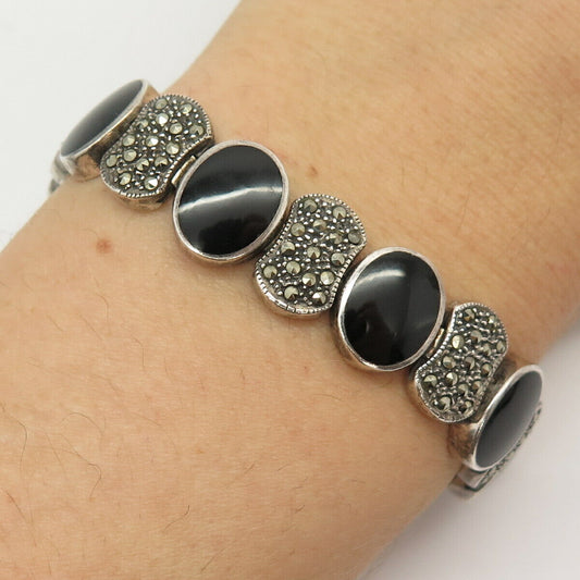 925 Sterling Real Black Onyx & Marcasite Gem Art-Deco-Style Link Bracelet 7 1/4"