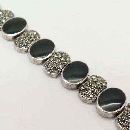 925 Sterling Real Black Onyx & Marcasite Gem Art-Deco-Style Link Bracelet 7 1/4"