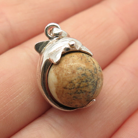 925 Sterling Silver Vintage Real Jasper Gem Friendly Dolphin Charm Pendant