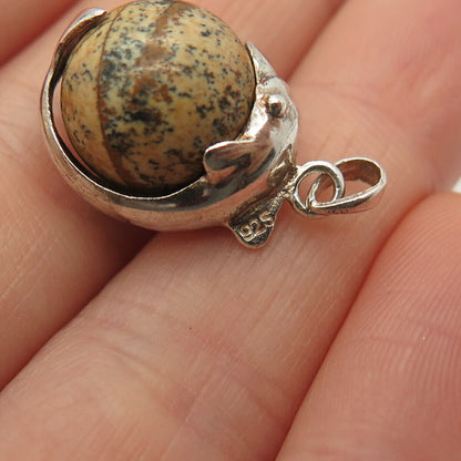 925 Sterling Silver Vintage Real Jasper Gem Friendly Dolphin Charm Pendant