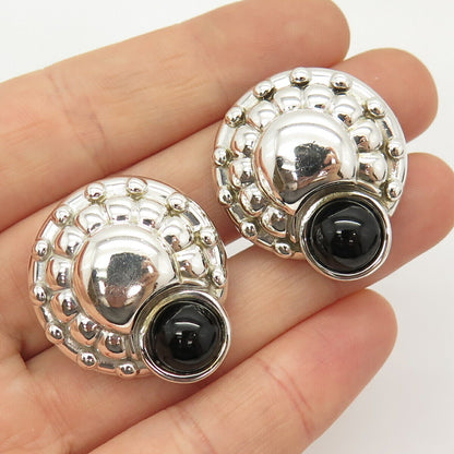 925 Sterling Silver Vintage Real Black Onyx Gem Clip On Earrings