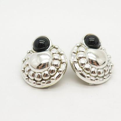 925 Sterling Silver Vintage Real Black Onyx Gem Clip On Earrings