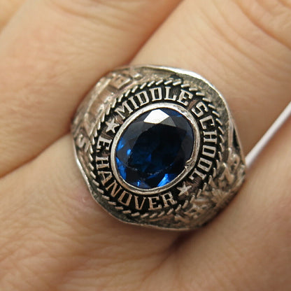 925 Sterling Vintage Blue C Z "E.Hanover Middle School" Ring Size 9 1/4