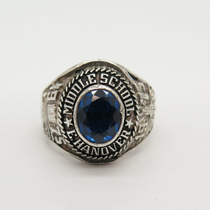 925 Sterling Vintage Blue C Z "E.Hanover Middle School" Ring Size 9 1/4