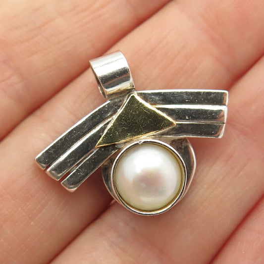 925 Sterling Silver 2-Tone Vintage Signed Real Pearl Slide Pendant