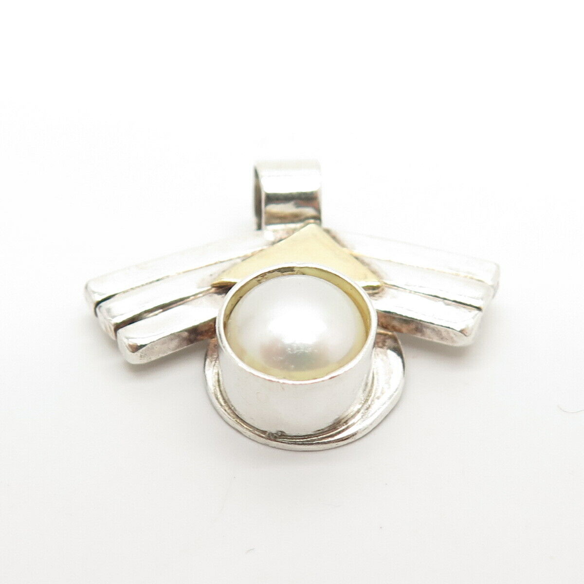 925 Sterling Silver 2-Tone Vintage Signed Real Pearl Slide Pendant