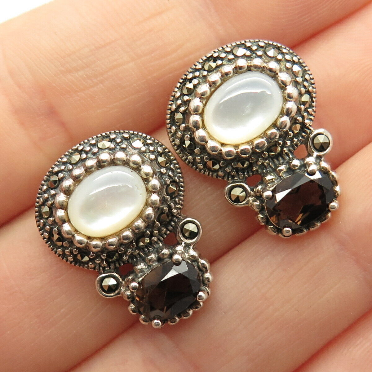 925 Sterling Silver Real Mother-of-Pearl & Marcasite Gemstone Earrings