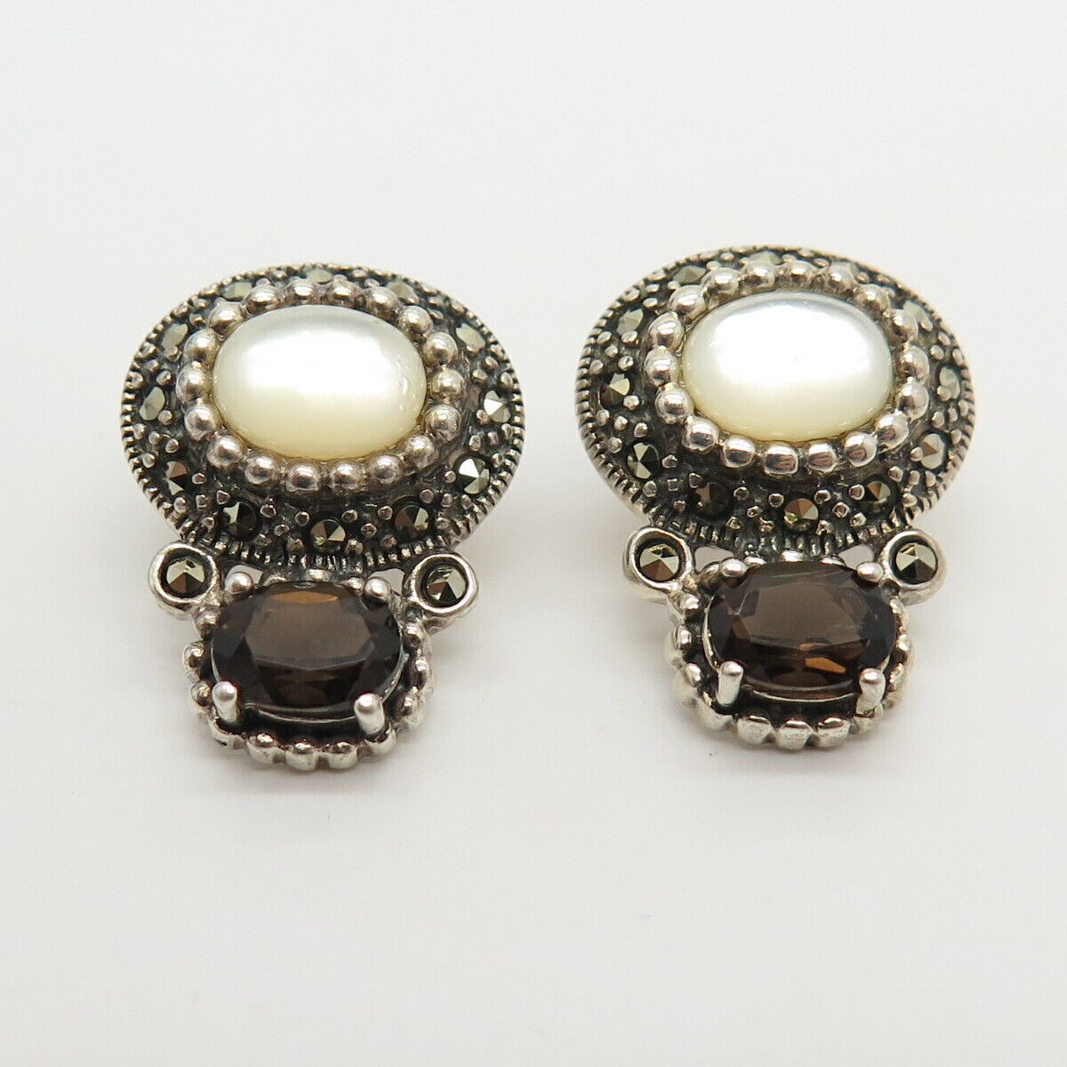 925 Sterling Silver Real Mother-of-Pearl & Marcasite Gemstone Earrings