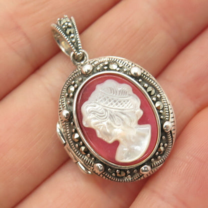 925 Sterling Real MOP & Marcasite Gem Cameo Victorian Lady Locket Pendant