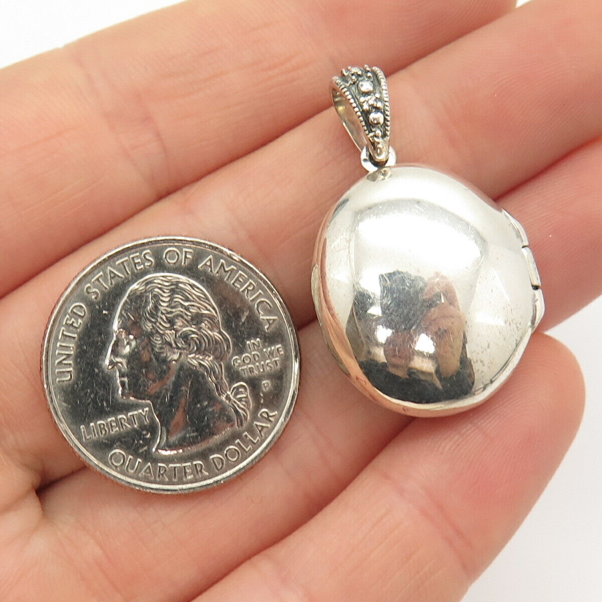 925 Sterling Real MOP & Marcasite Gem Cameo Victorian Lady Locket Pendant