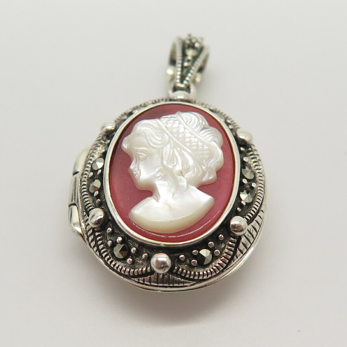 925 Sterling Real MOP & Marcasite Gem Cameo Victorian Lady Locket Pendant