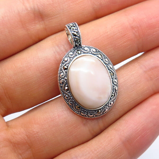 925 Sterling Silver Real Mother-of-Pearl & Marcasite Gem Slide Pendant