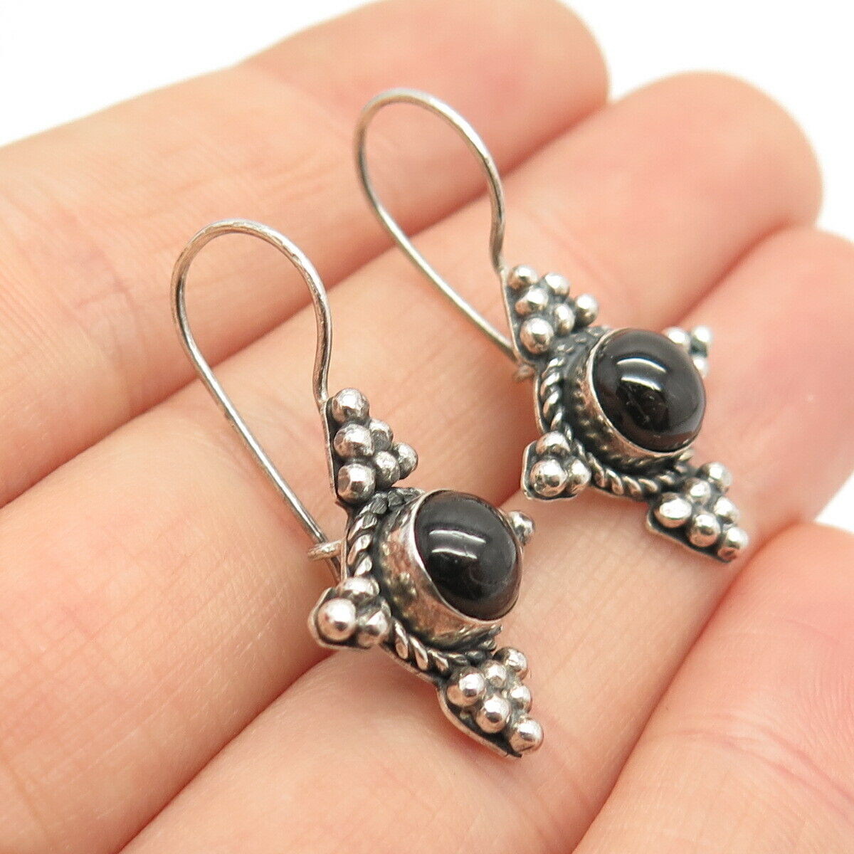 925 Sterling Silver Real Black Onyx Gemstone Beaded Earrings