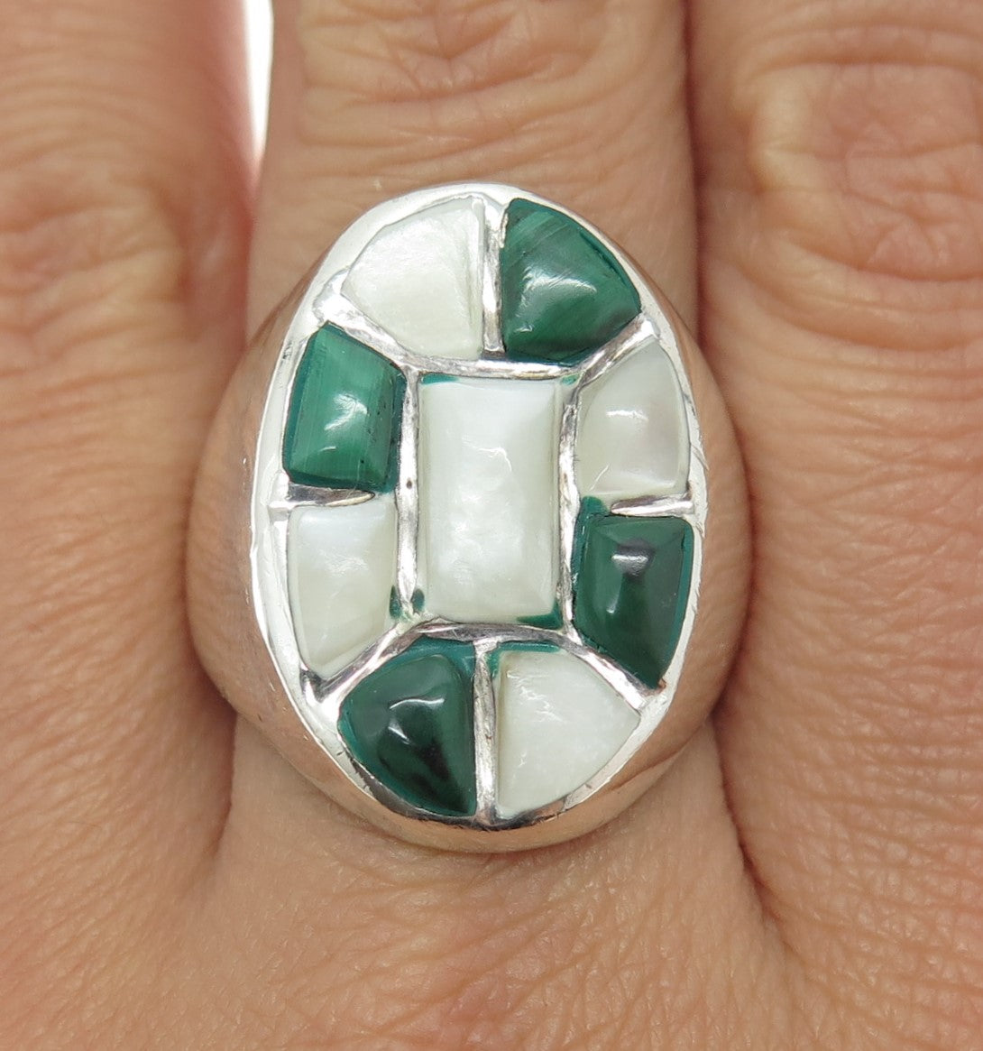 925 Sterling Silver Vintage Real Mother-of-Pearl & Malachite Gem Ring Size 10