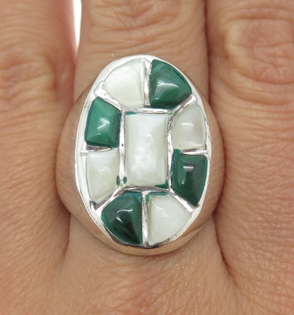 925 Sterling Silver Vintage Real Mother-of-Pearl & Malachite Gem Ring Size 10