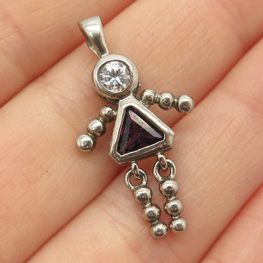 925 Sterling Silver Real Amethyst Gem & C Z Articulated Girl Pendant