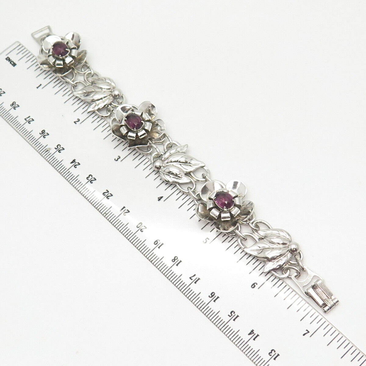 925 Sterling Silver Vintage Amethyst-Tone Glass Floral & Leaves Link Bracelet 7"