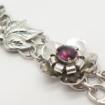 925 Sterling Silver Vintage Amethyst-Tone Glass Floral & Leaves Link Bracelet 7"