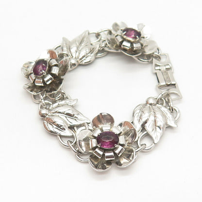 925 Sterling Silver Vintage Amethyst-Tone Glass Floral & Leaves Link Bracelet 7"