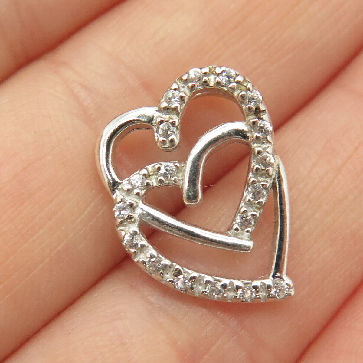 925 Sterling Silver Pave C Z Double Open Heart Slide Pendant