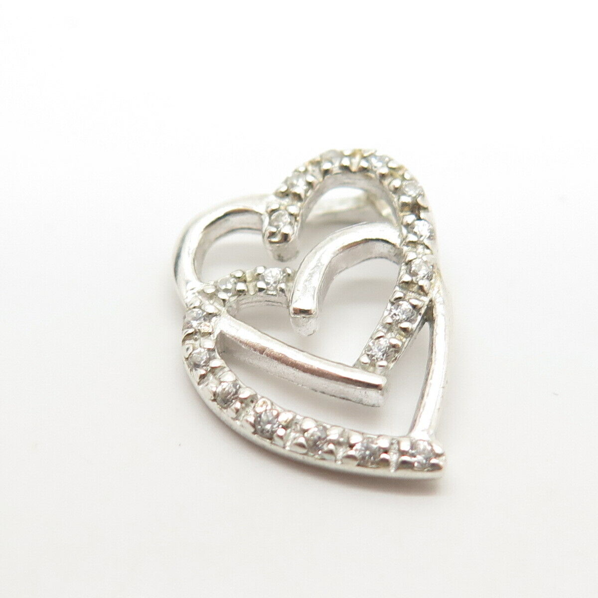 925 Sterling Silver Pave C Z Double Open Heart Slide Pendant